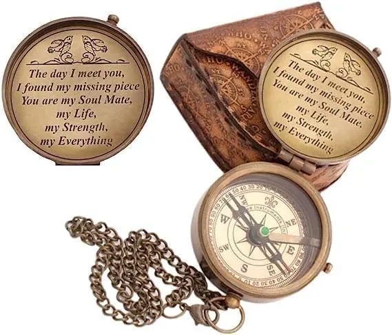 Brass Pocket Compass with Leather Case and Chain, Engraved Navigation Tool for Outdoor Use by Royal Replica