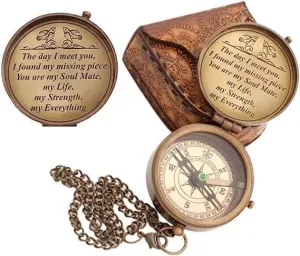 Brass Pocket Compass with Leather Case and Chain, Engraved Navigation Tool for Outdoor Use by Royal Replica