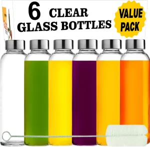 Brieftons Glass Water Bottles With Caps: Clear, 6 Pack, 18 Oz, Leakproof Lids, Premium Soda Lime, Best As Reusable Drinking Bottle, Sauce Jar, Juice Beverage Container, Kefir Kit, With Cleaning Brush