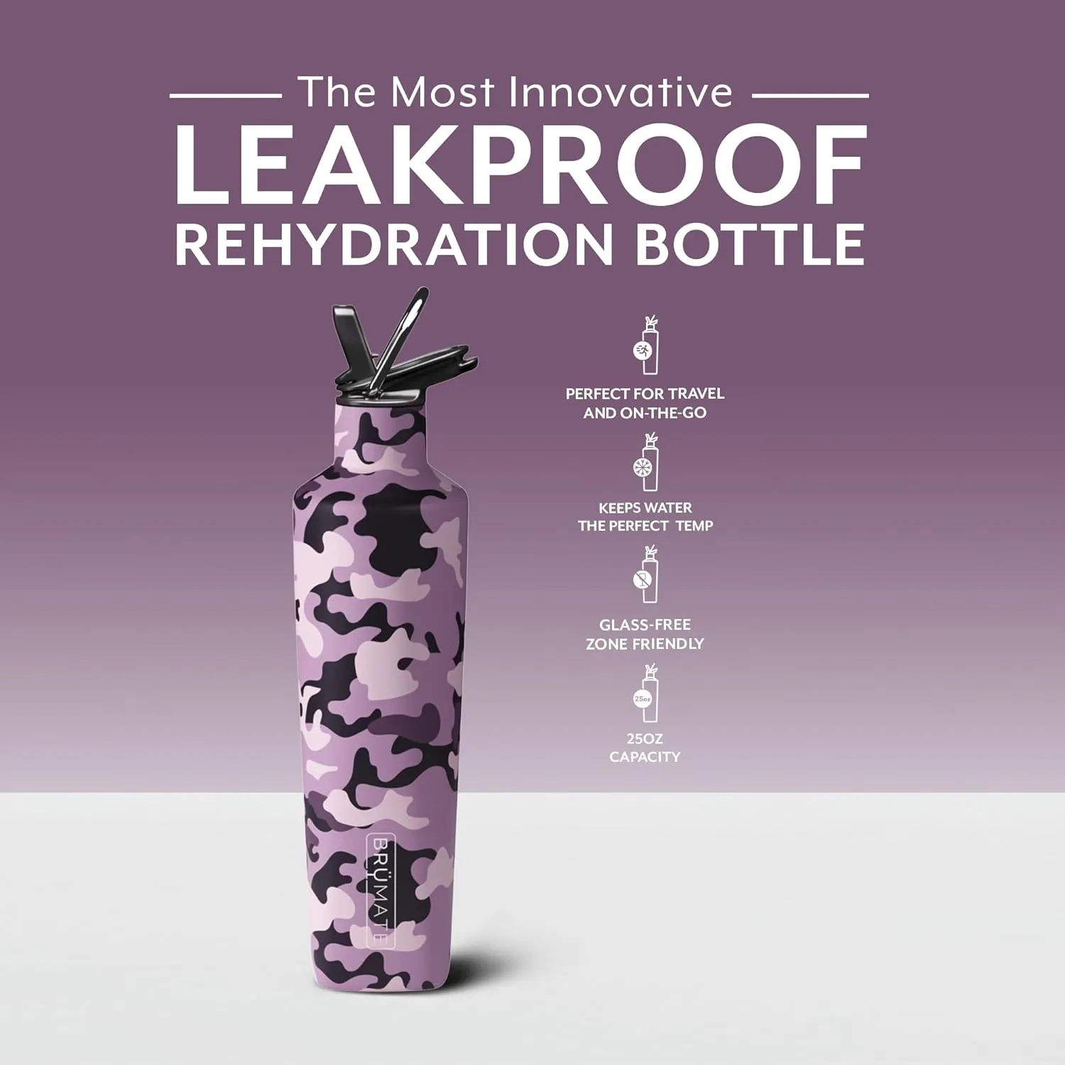 BrüMate ReHydration - 100% Leakproof 25oz Insulated Water Bottle with Straw - Stainless Steel Water Canteen (Mauve Camo)
