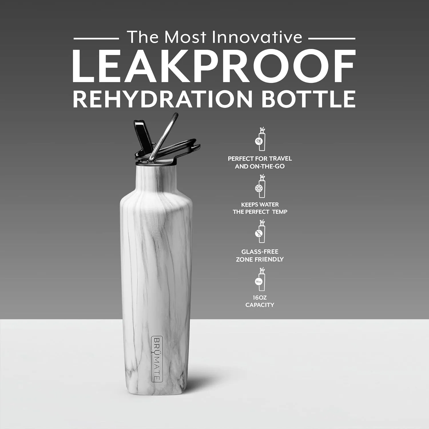 BrMate ReHydration Mini Kids Water Bottle - 100% Leakproof Insulated Straw Canteen for School - Stainless Steel, 16oz (Carrara)