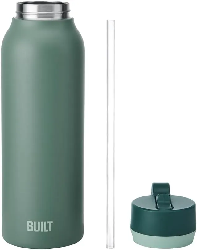 BUILT 40oz Cascade Double Wall Vacuum Insulated Stainless Steel Water Bottle with Wide Mouth Straw Lid, Sage
