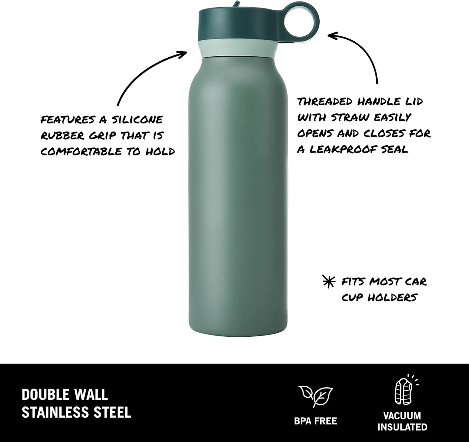 BUILT 40oz Cascade Double Wall Vacuum Insulated Stainless Steel Water Bottle with Wide Mouth Straw Lid, Sage