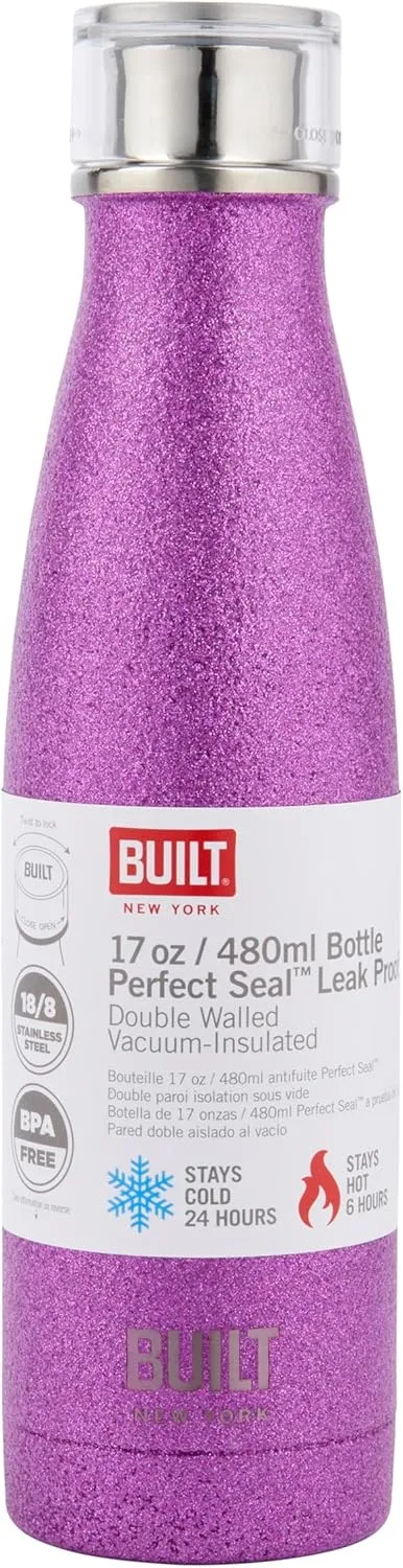 Built Perfect Seal Leakproof Insulated Water Bottle/Thermal Flask, Stainless Steel, 480 ml, Purple Glitter