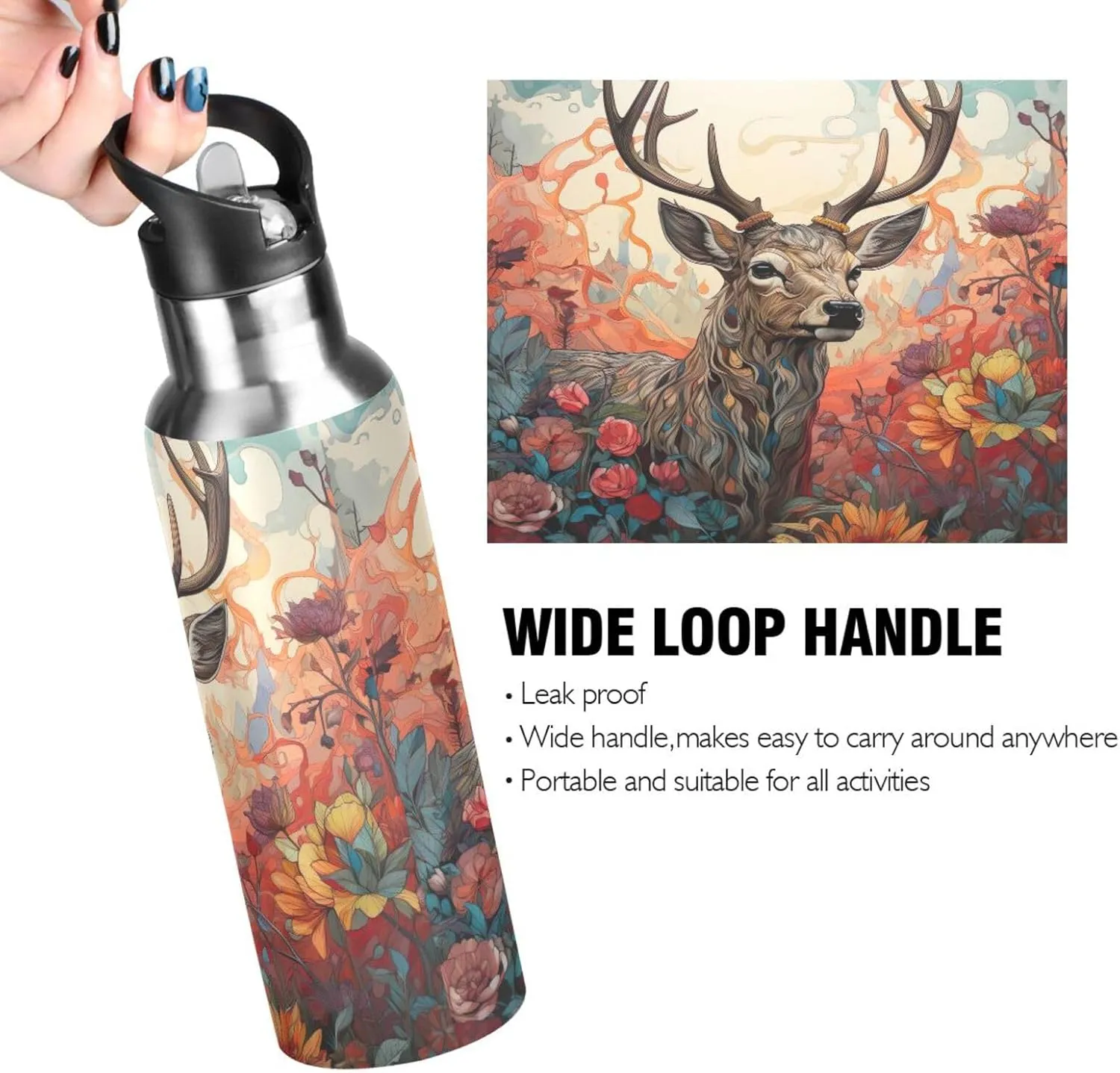 Burbuja Deer Painting Stainless Steel Water Bottle, Vacuum Insulated Water Bottles with Straw Lid for Sports, Gym, School - Leak & Sweat Proof, BPA Free, 20 oz