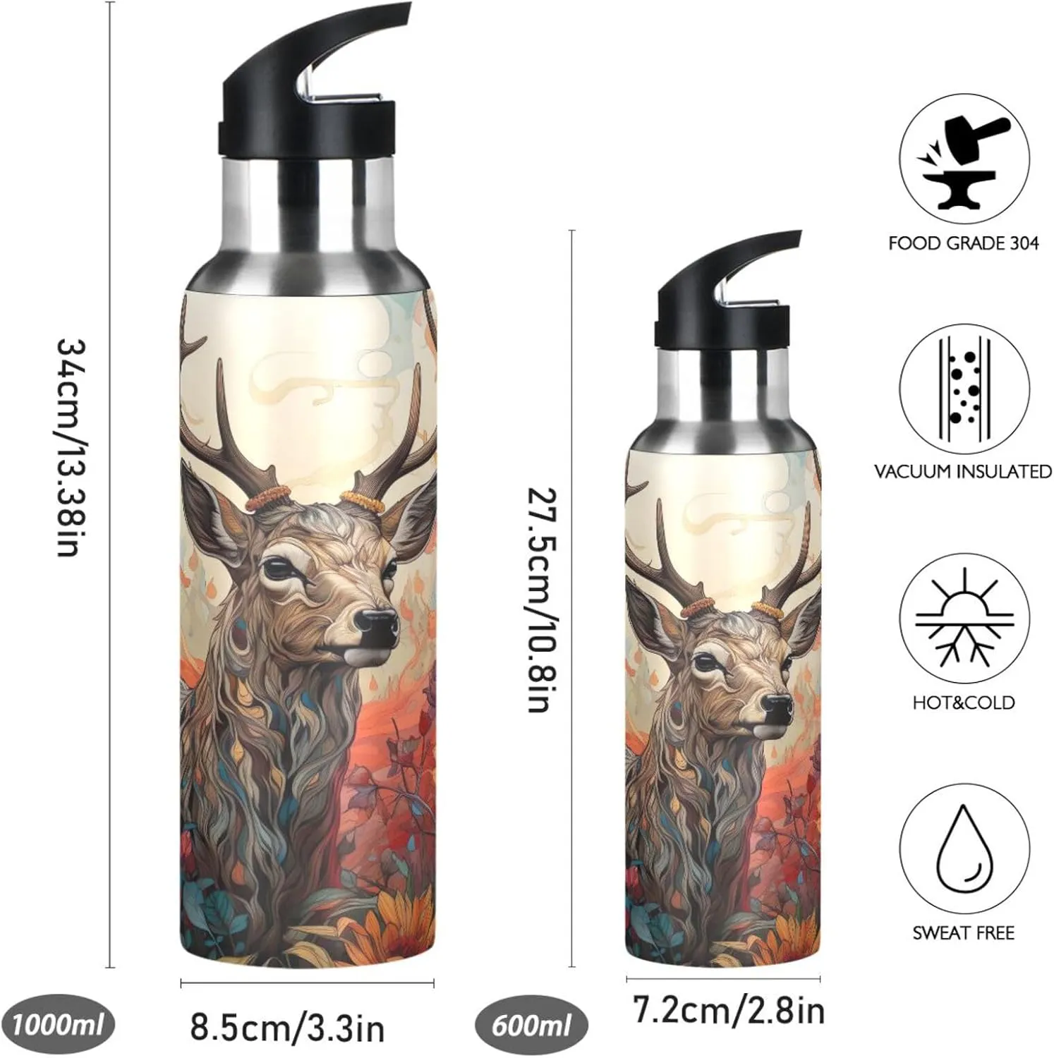 Burbuja Deer Painting Stainless Steel Water Bottle, Vacuum Insulated Water Bottles with Straw Lid for Sports, Gym, School - Leak & Sweat Proof, BPA Free, 20 oz