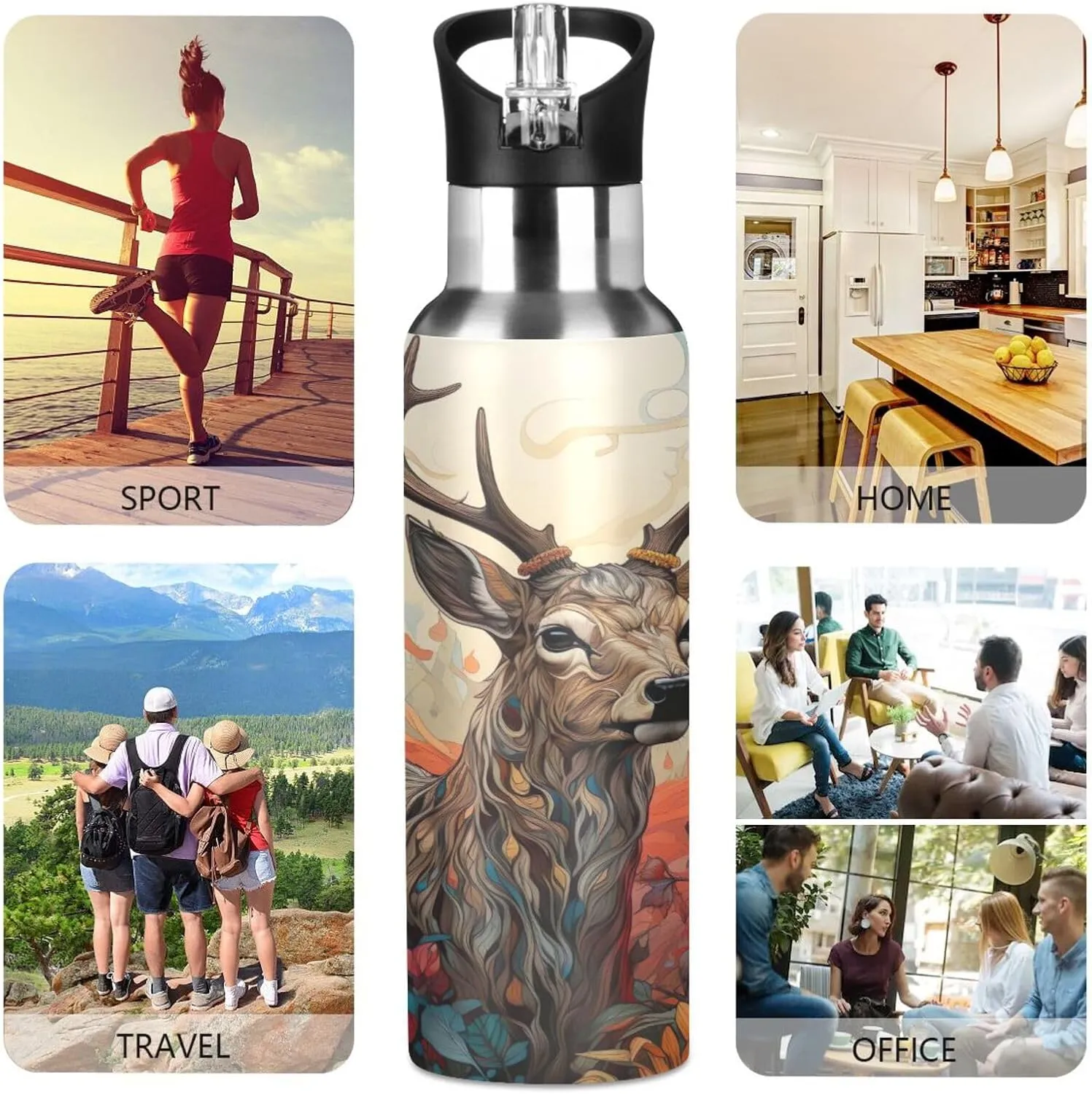 Burbuja Deer Painting Stainless Steel Water Bottle, Vacuum Insulated Water Bottles with Straw Lid for Sports, Gym, School - Leak & Sweat Proof, BPA Free, 20 oz