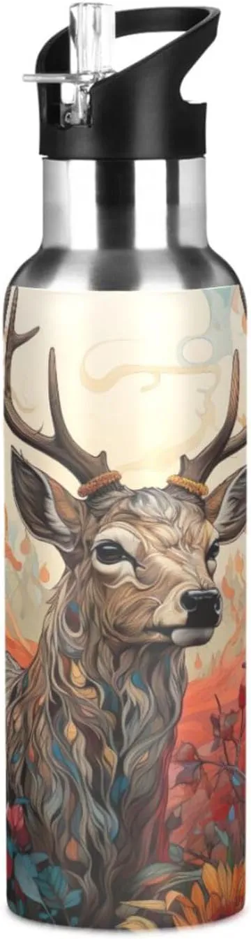 Burbuja Deer Painting Stainless Steel Water Bottle, Vacuum Insulated Water Bottles with Straw Lid for Sports, Gym, School - Leak & Sweat Proof, BPA Free, 20 oz