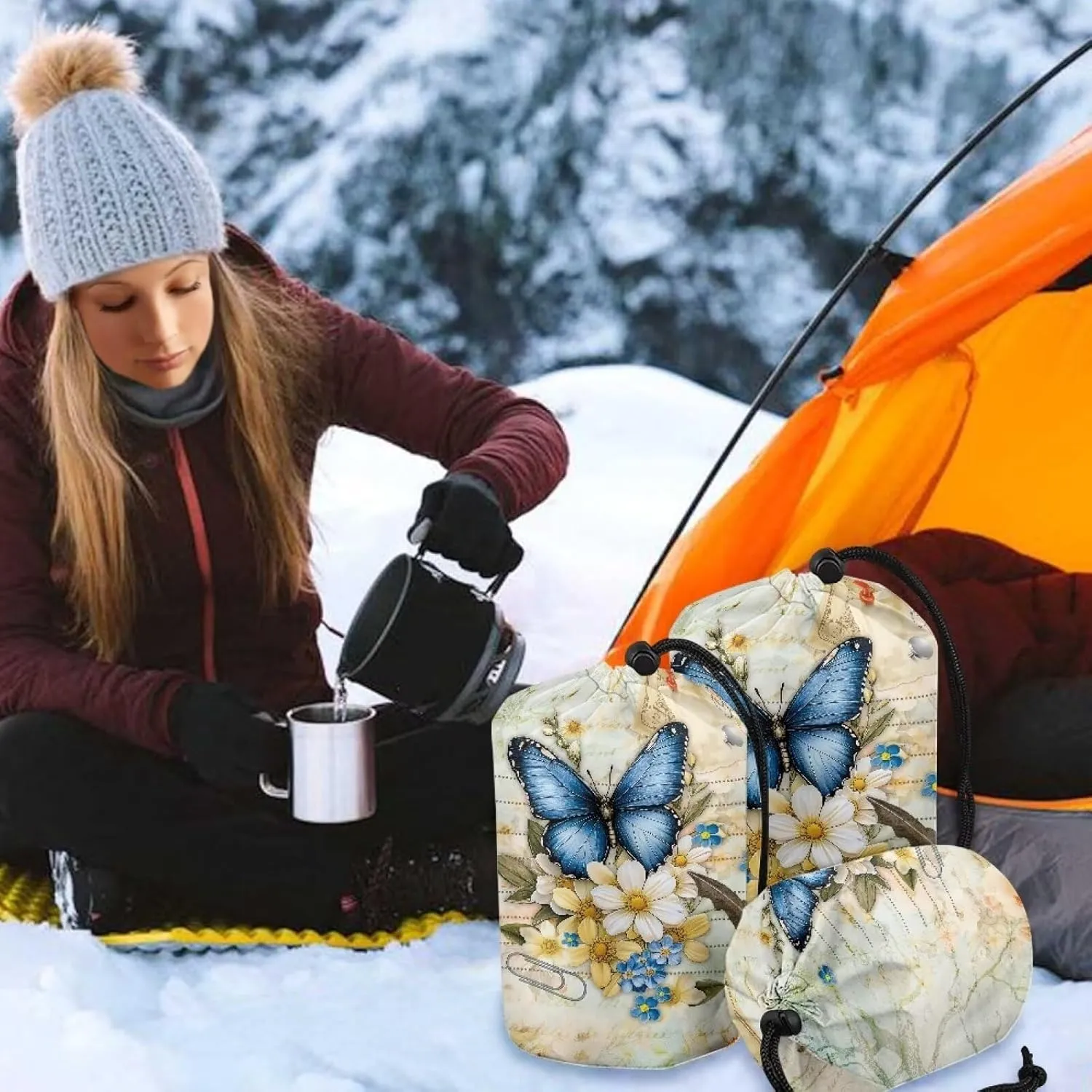 Butterfly Pattern Camping Storage Anti Tear Stuff Bag Waterproof Stuff Sack Set of 3 Sleeping Bag Ditty Sacks Drawstring Storage Bag for Travelling Hiking