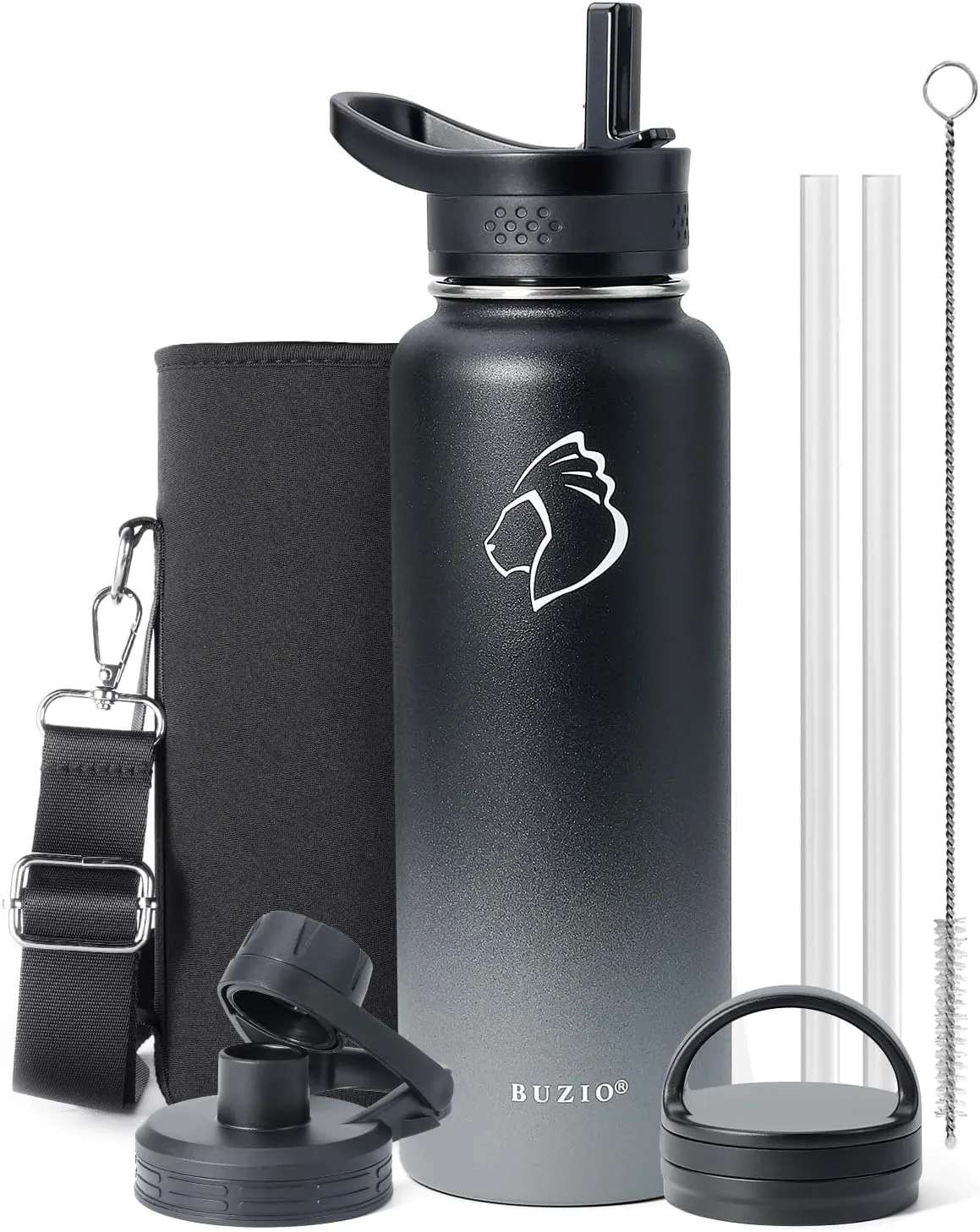 BUZIO 40 oz Water Bottle Insulated with Straw & 3 lid and Carrying Pouch, Leak Proof Anti-Slip Stainless Steel Water Flask Jug, Cold for 48 Hrs Double Vacuum Thermo Canteen, BPA-Free, Shadow