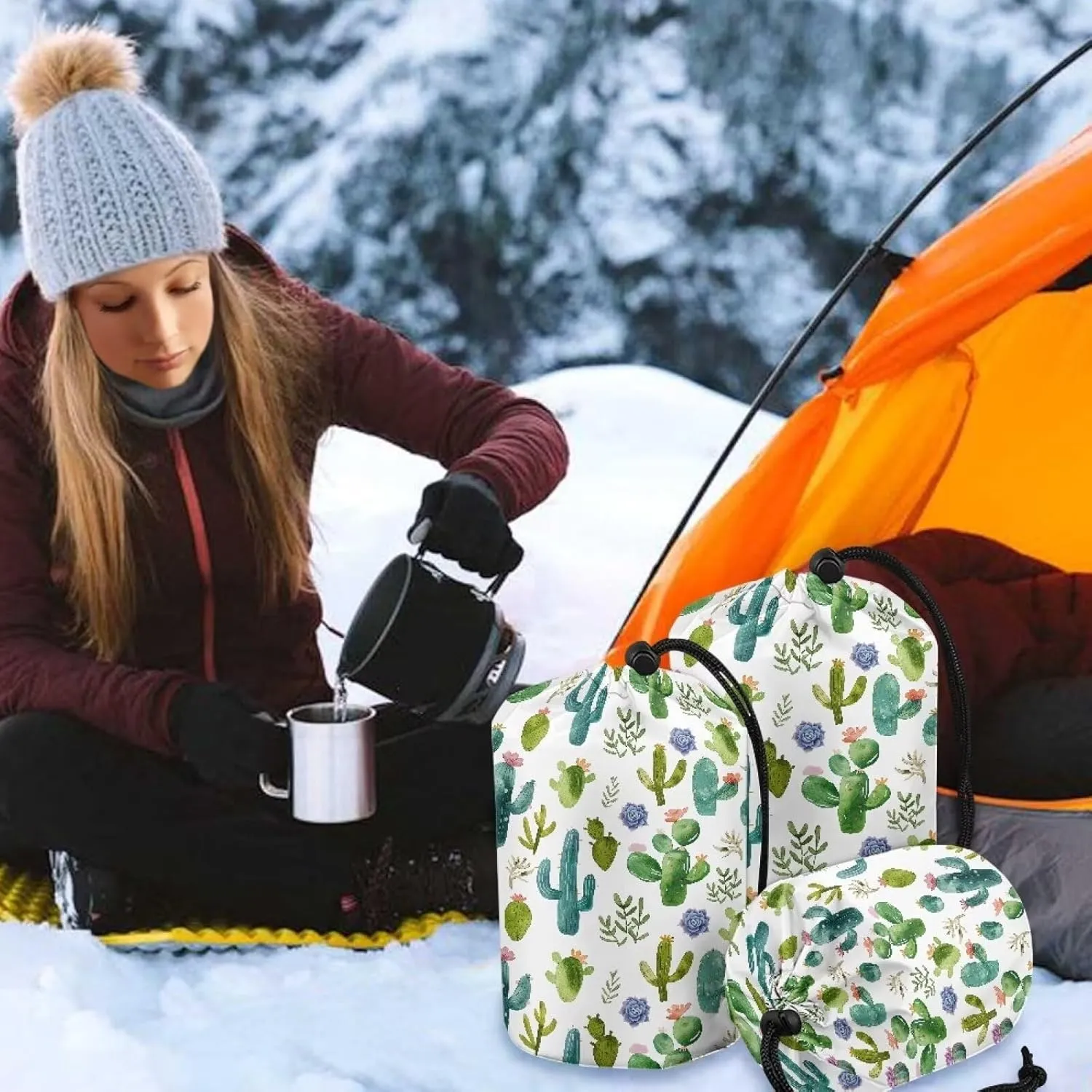 Cactus Pattern Stuff Sack Water Resistant Camping Storage Lightweight Stuff Sacks Sleeping Bag Ditty Sacks Drawstring Storage Bag for Travelling Hiking Set of 3