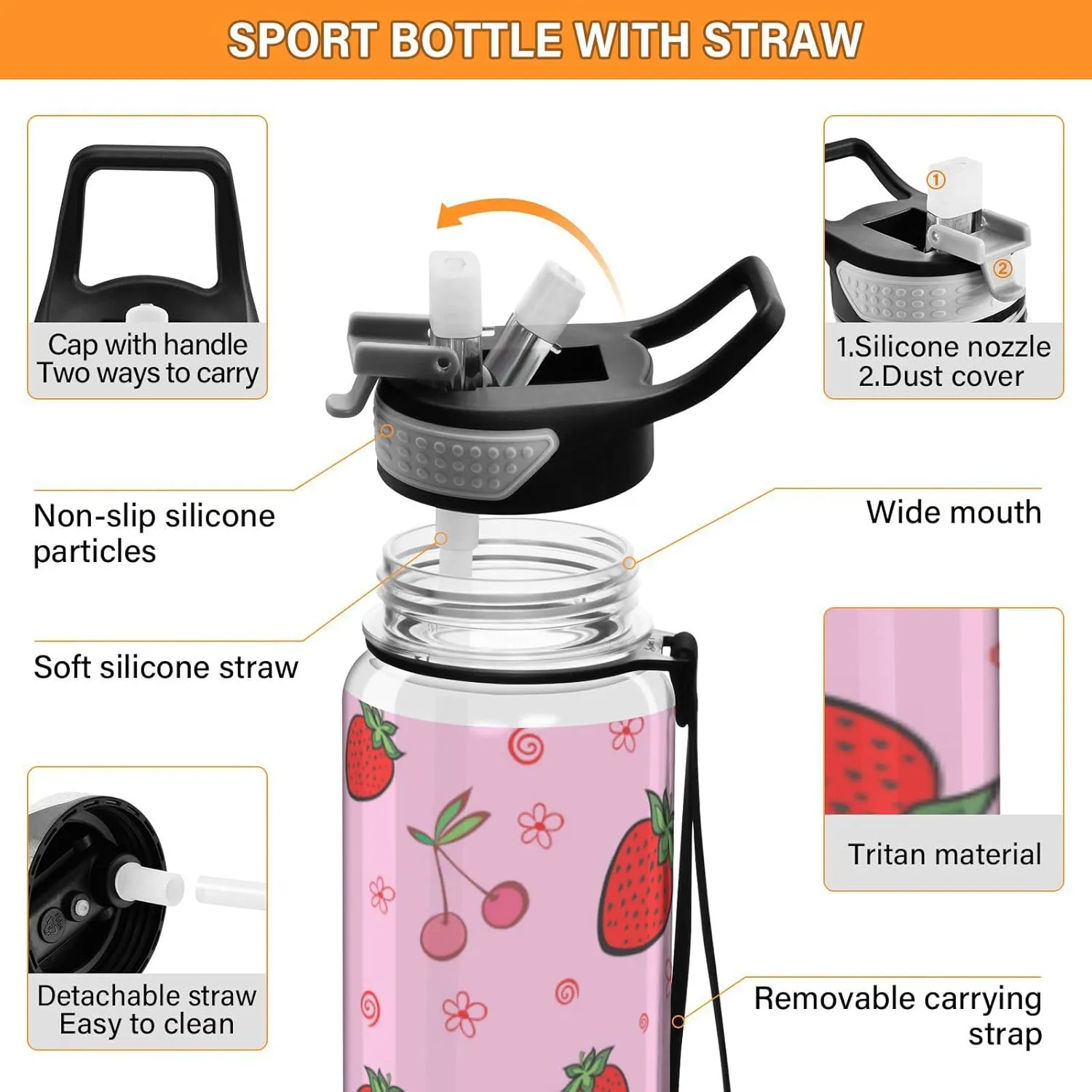 Caikeny colorful Strawberry Cherry Water Bottle with Straw Sports Bottles BPA-Free Tritan Water Jug with Carrying Strap for Women Men Gym