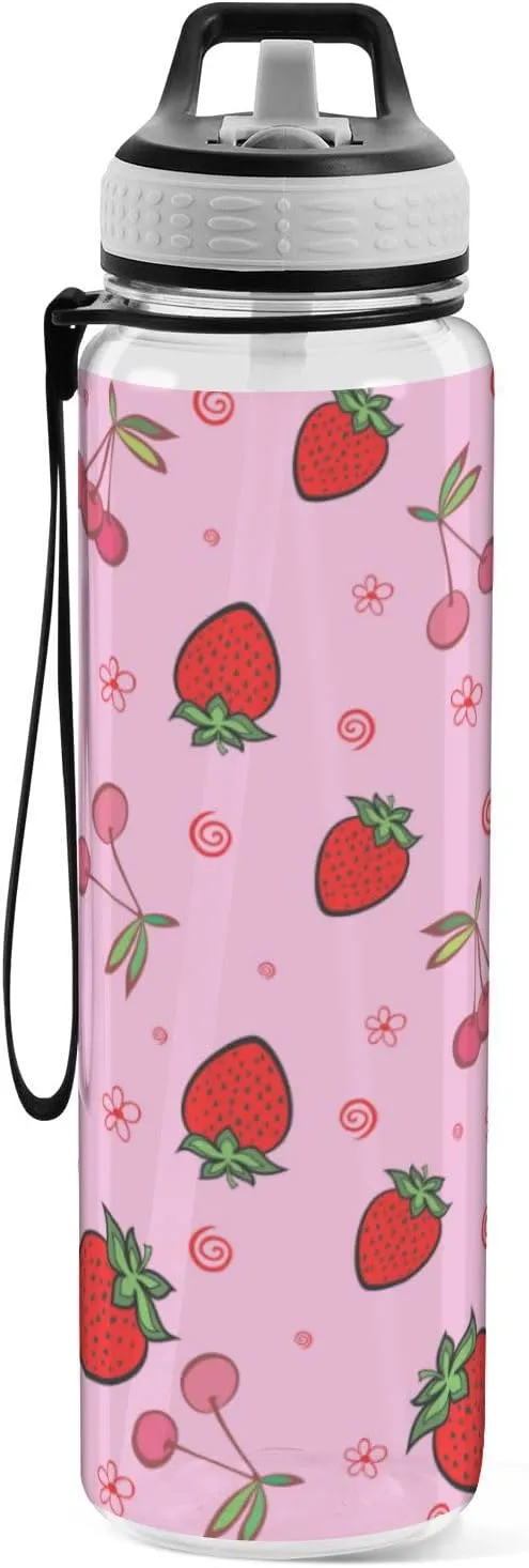 Caikeny colorful Strawberry Cherry Water Bottle with Straw Sports Bottles BPA-Free Tritan Water Jug with Carrying Strap for Women Men Gym
