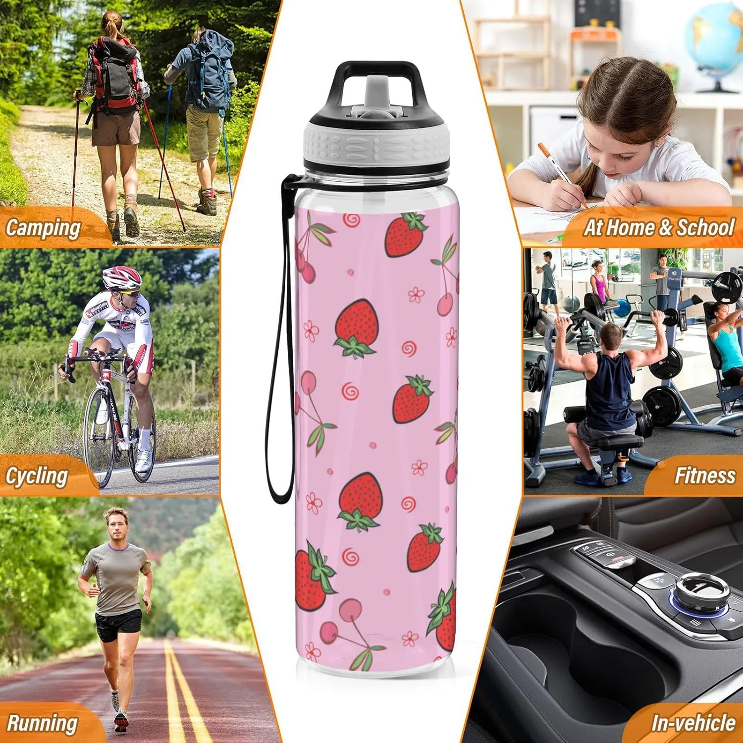 Caikeny colorful Strawberry Cherry Water Bottle with Straw Sports Bottles BPA-Free Tritan Water Jug with Carrying Strap for Women Men Gym