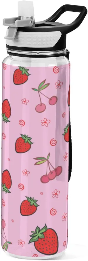 Caikeny colorful Strawberry Cherry Water Bottle with Straw Sports Bottles BPA-Free Tritan Water Jug with Carrying Strap for Women Men Gym
