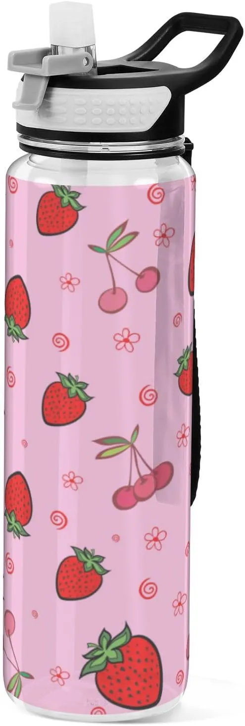 Caikeny colorful Strawberry Cherry Water Bottle with Straw Sports Bottles BPA-Free Tritan Water Jug with Carrying Strap for Women Men Gym