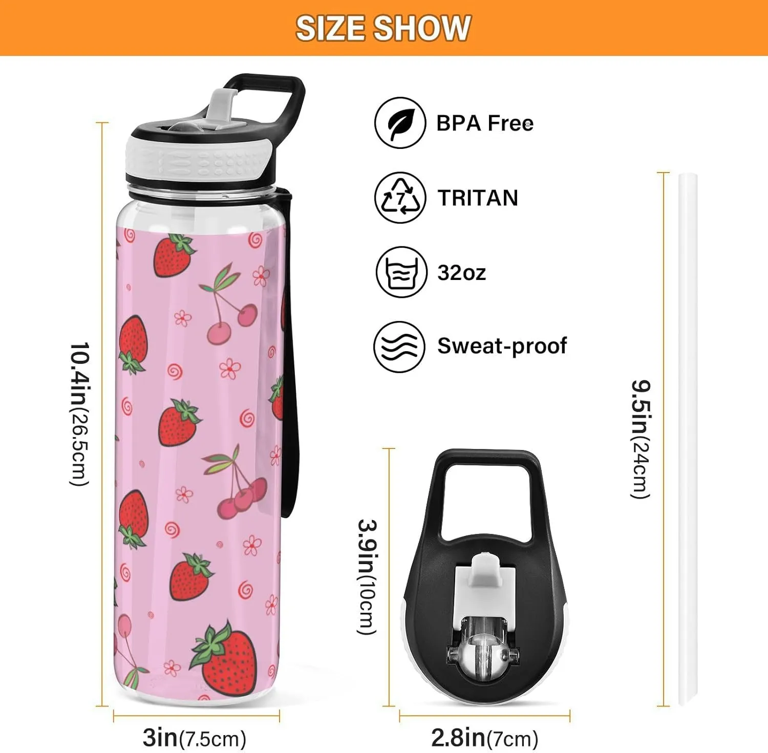 Caikeny colorful Strawberry Cherry Water Bottle with Straw Sports Bottles BPA-Free Tritan Water Jug with Carrying Strap for Women Men Gym