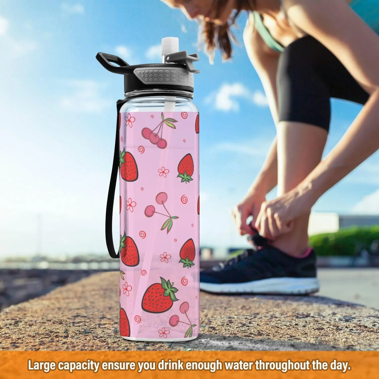 Caikeny colorful Strawberry Cherry Water Bottle with Straw Sports Bottles BPA-Free Tritan Water Jug with Carrying Strap for Women Men Gym