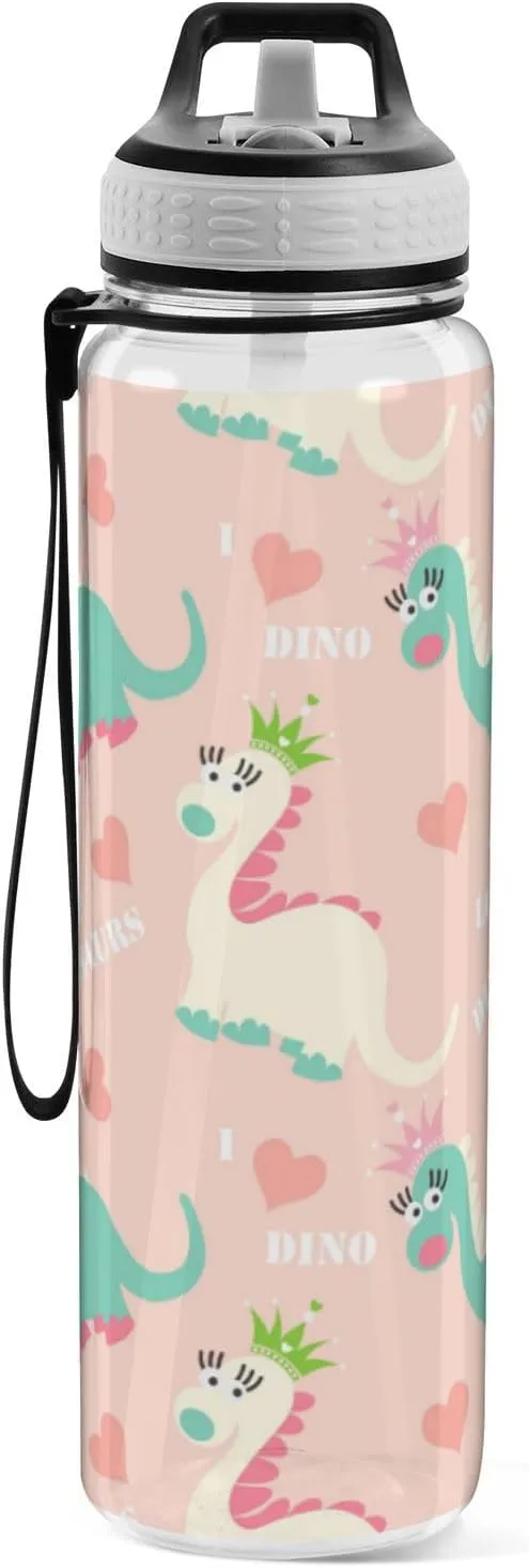 Caikeny Water Bottle with Straw Kawaii Dinosaur Pink Sports Bottles BPA-Free Tritan Water Jug with Carrying Strap for Women Men Gym Outdoor Sports
