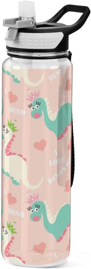 Caikeny Water Bottle with Straw Kawaii Dinosaur Pink Sports Bottles BPA-Free Tritan Water Jug with Carrying Strap for Women Men Gym Outdoor Sports