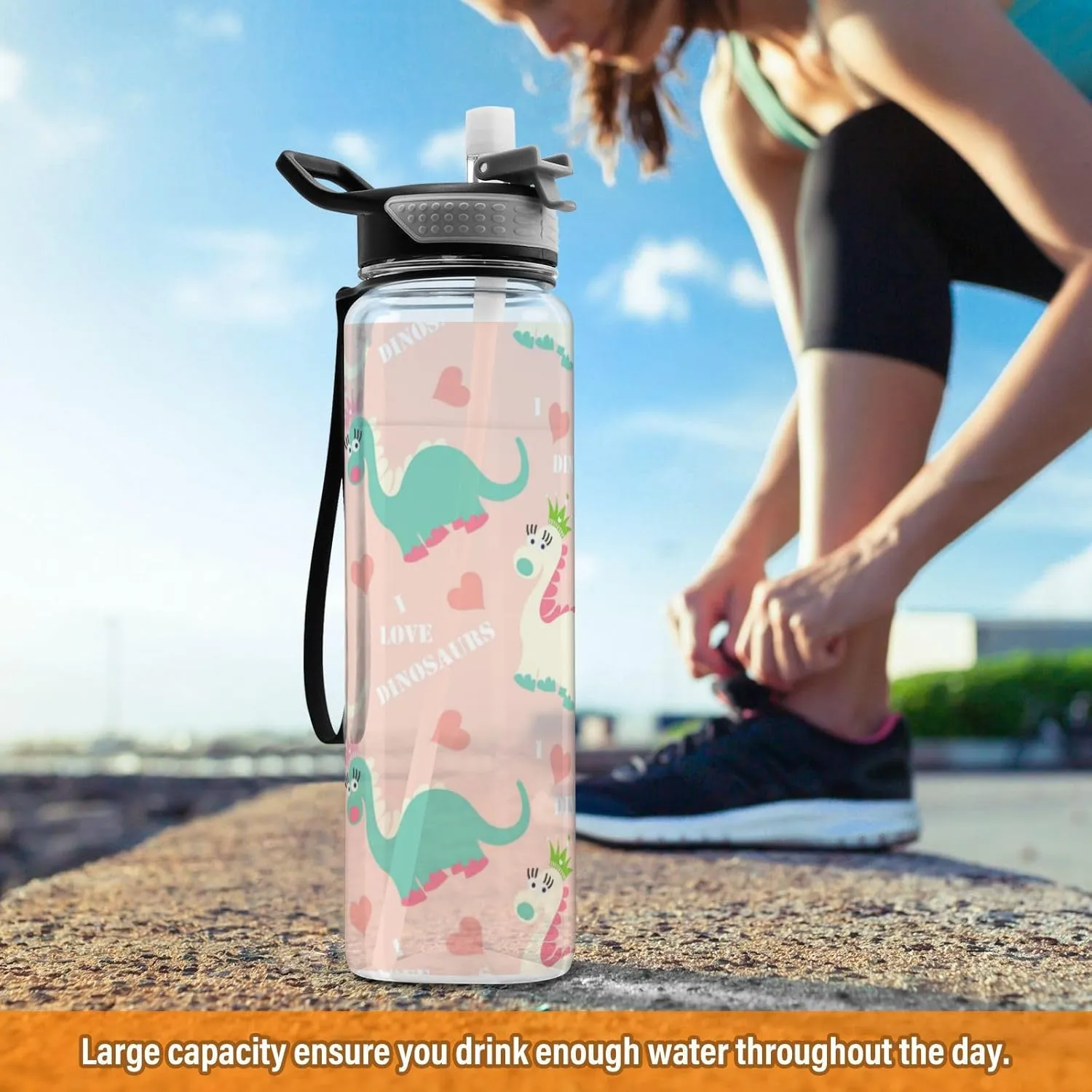 Caikeny Water Bottle with Straw Kawaii Dinosaur Pink Sports Bottles BPA-Free Tritan Water Jug with Carrying Strap for Women Men Gym Outdoor Sports