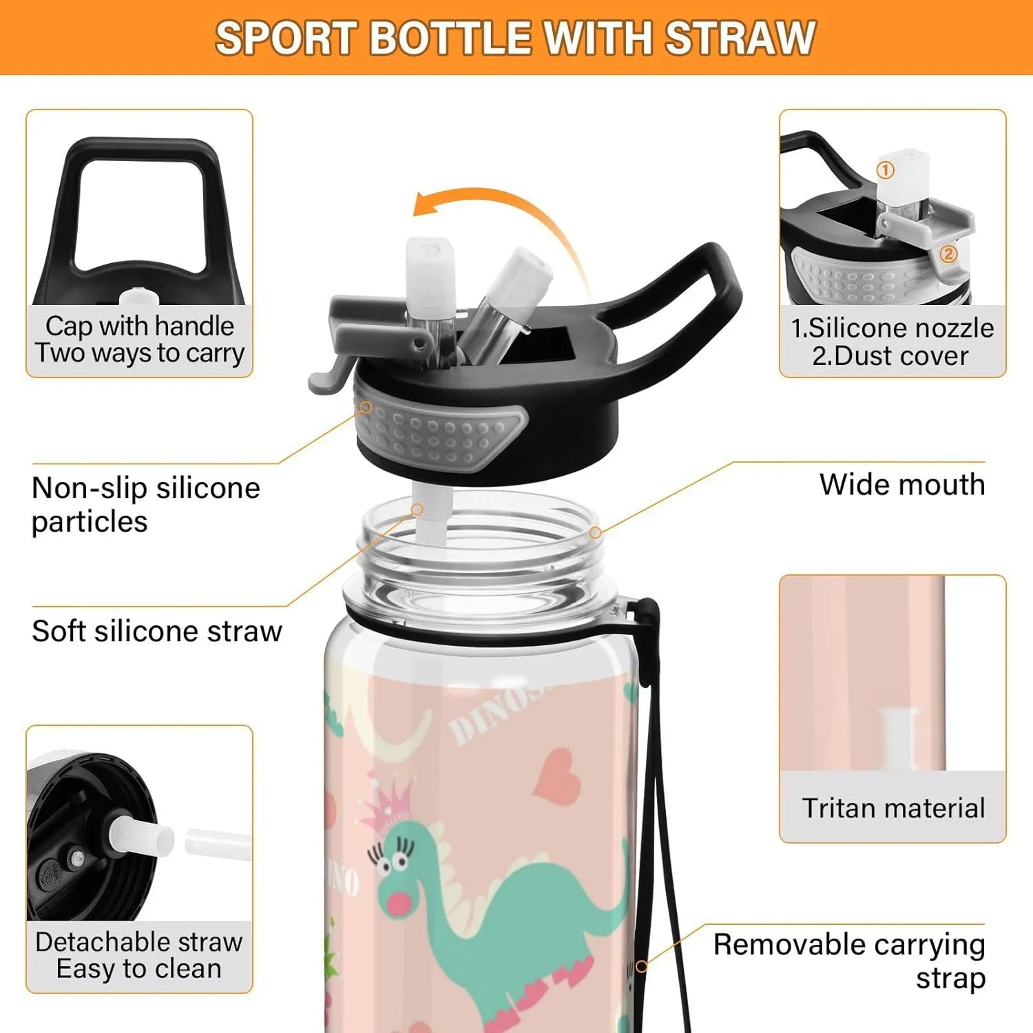 Caikeny Water Bottle with Straw Kawaii Dinosaur Pink Sports Bottles BPA-Free Tritan Water Jug with Carrying Strap for Women Men Gym Outdoor Sports