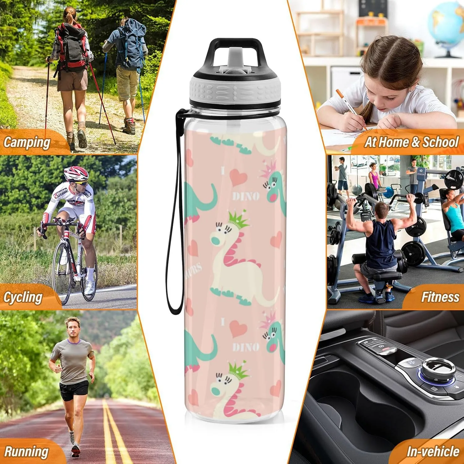 Caikeny Water Bottle with Straw Kawaii Dinosaur Pink Sports Bottles BPA-Free Tritan Water Jug with Carrying Strap for Women Men Gym Outdoor Sports