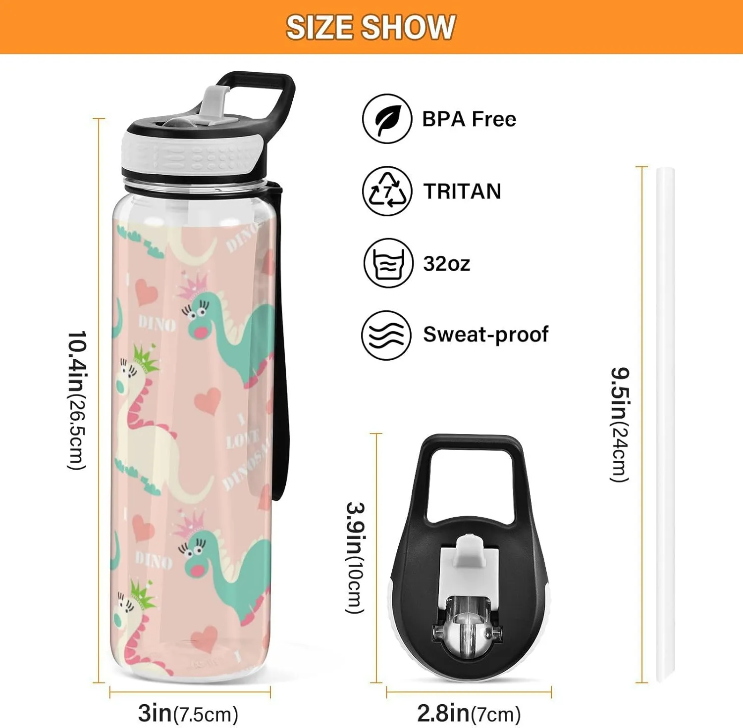 Caikeny Water Bottle with Straw Kawaii Dinosaur Pink Sports Bottles BPA-Free Tritan Water Jug with Carrying Strap for Women Men Gym Outdoor Sports