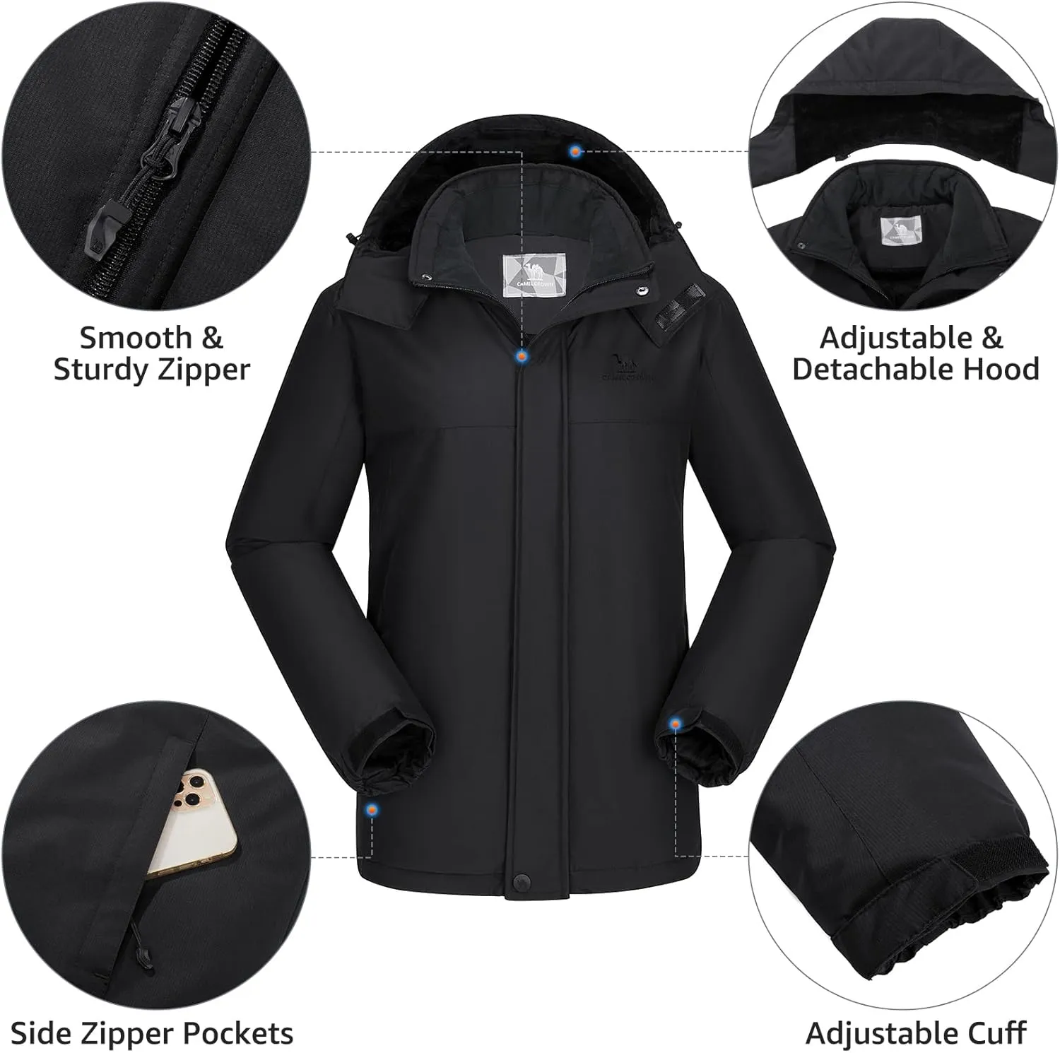 CAMEL CROWN Men's Mountain Ski Snow Jacket Waterproof Winter Coat Snowboarding Windbreaker Windproof Warm Hooded Snow Coat