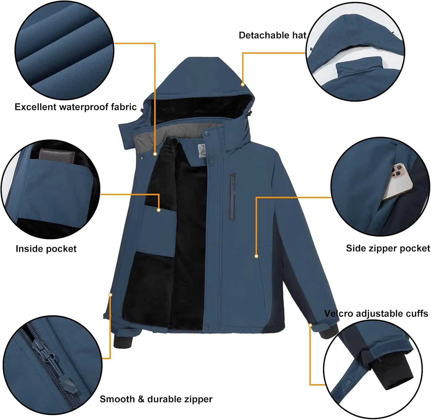 CAMEL CROWN Men's Mountain Snow Waterproof Ski Jacket Detachable Hood Windproof Fleece Parka Rain Jacket Winter Coat