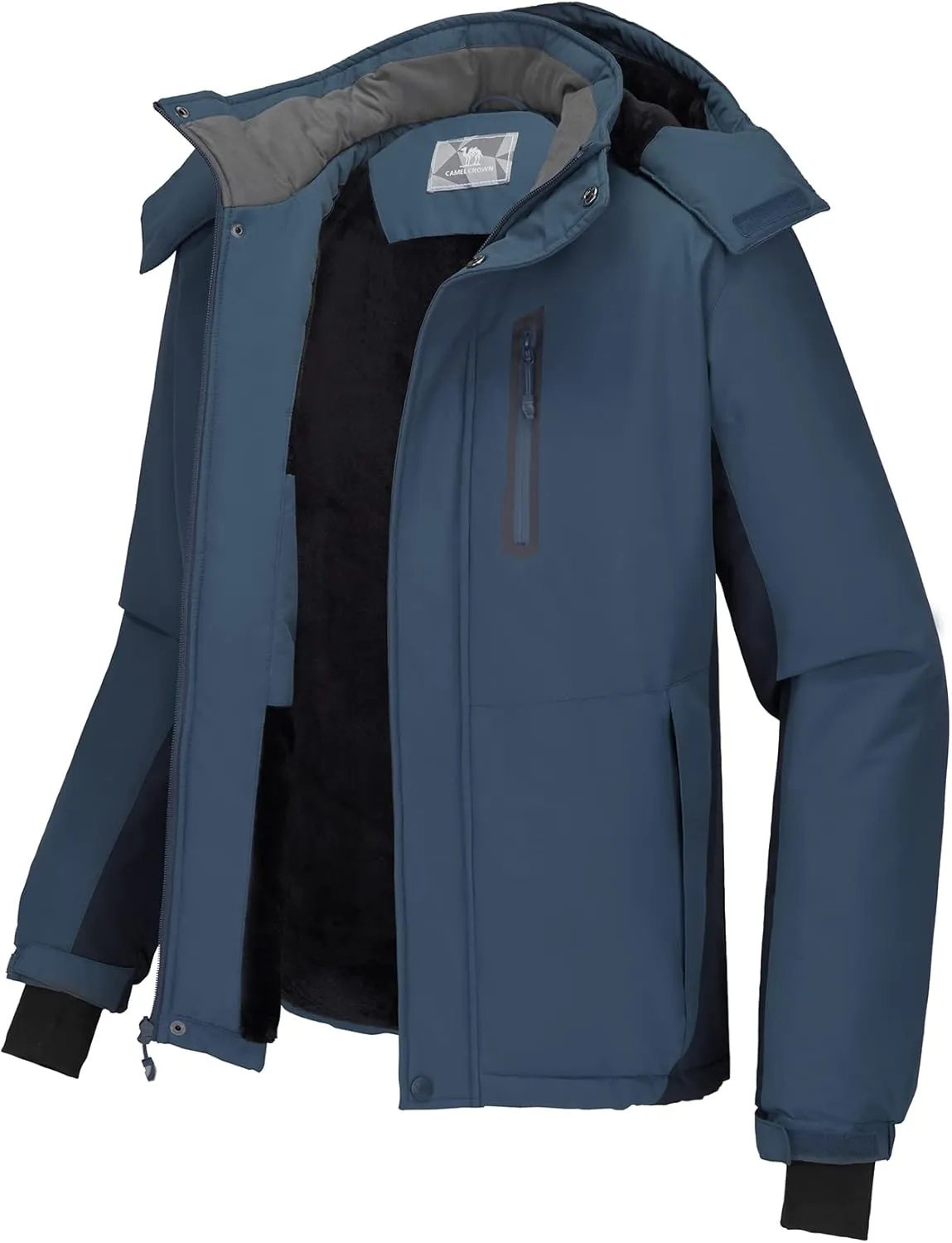 CAMEL CROWN Men's Mountain Snow Waterproof Ski Jacket Detachable Hood Windproof Fleece Parka Rain Jacket Winter Coat