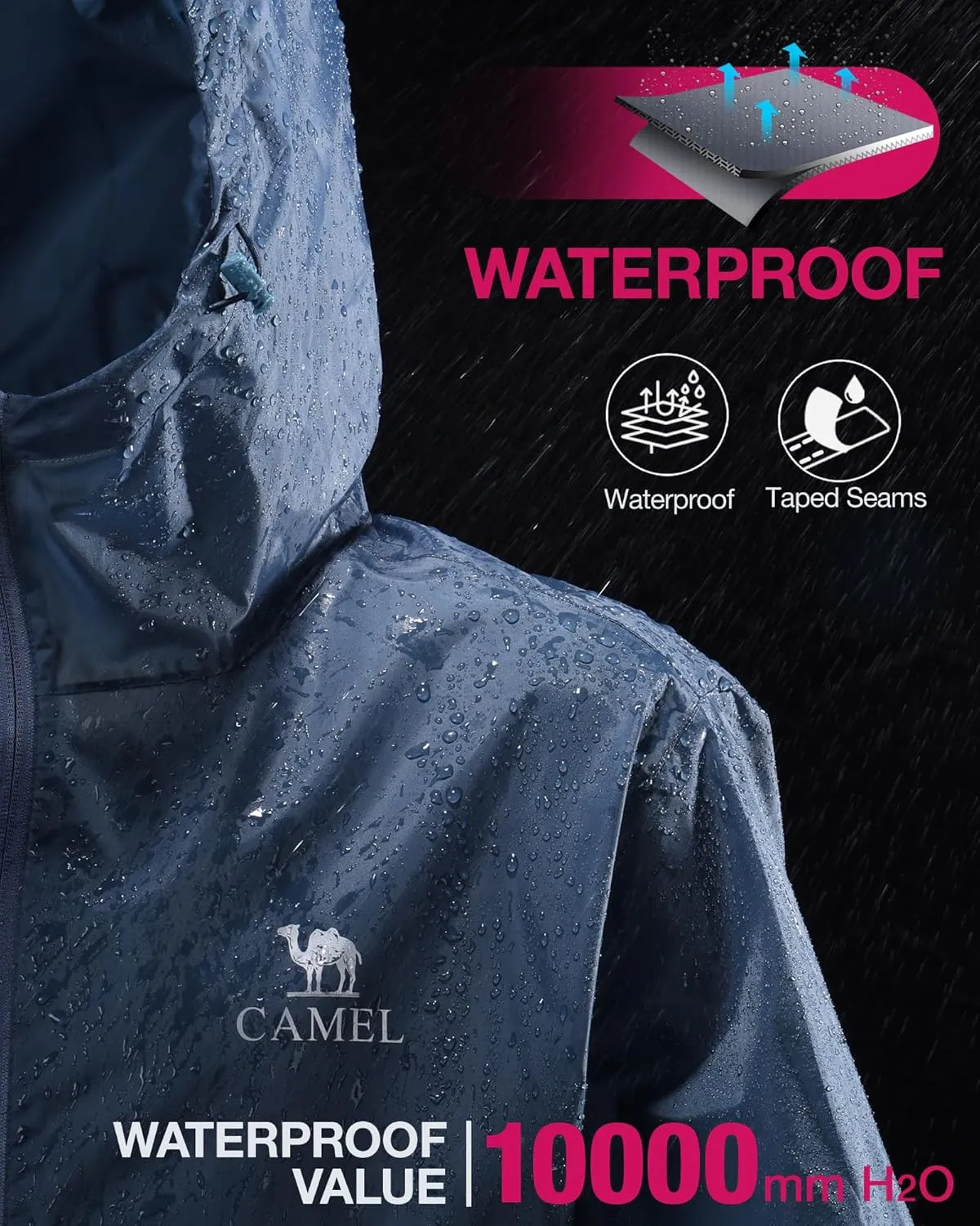 CAMEL CROWN Men's Rain Jacket Waterproof Lightweight Windproof Raincoat with Hood for Cycling Hiking Running Golf