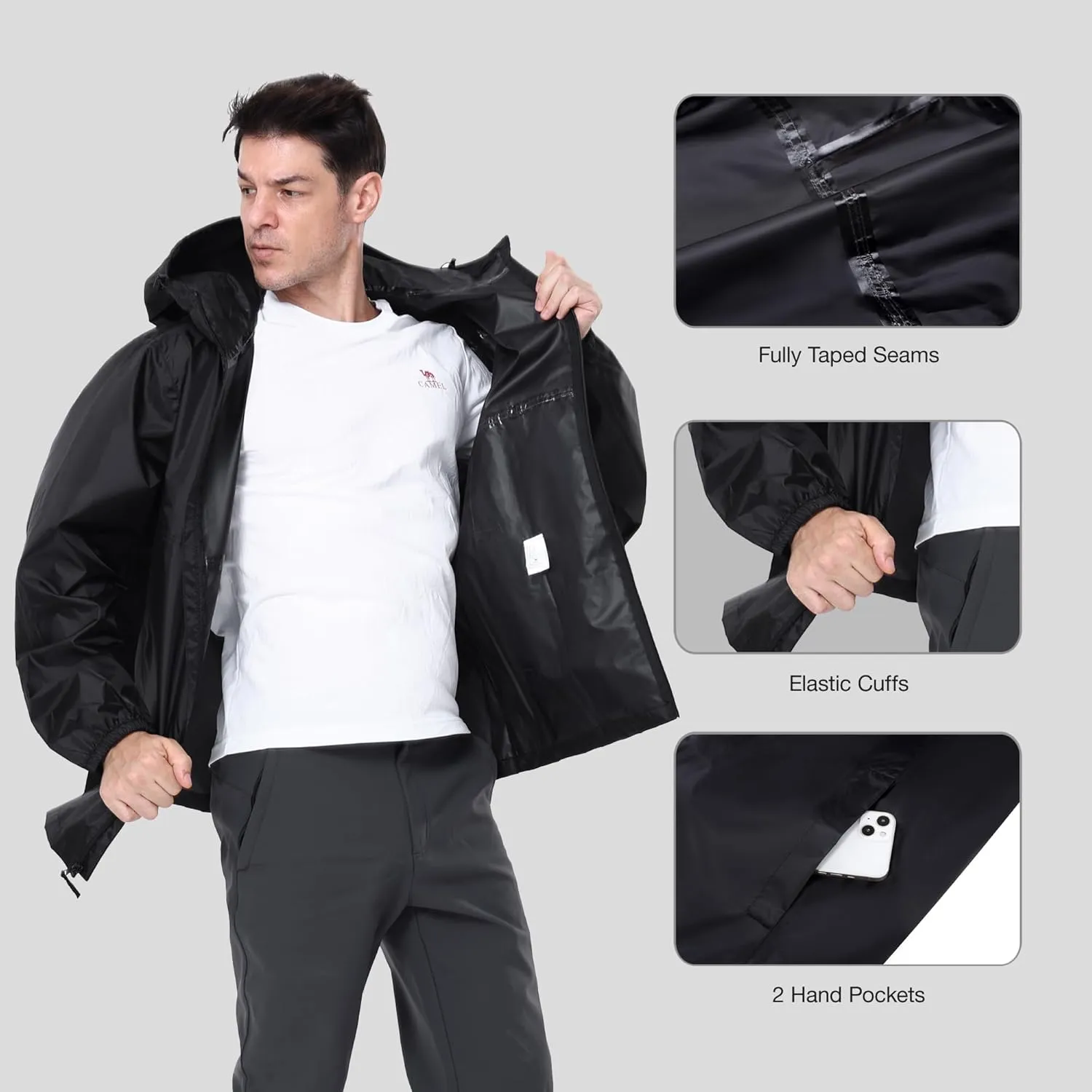 CAMEL CROWN Men's Rain Jacket Waterproof Lightweight Windproof Raincoat with Hood for Cycling Hiking Running Golf