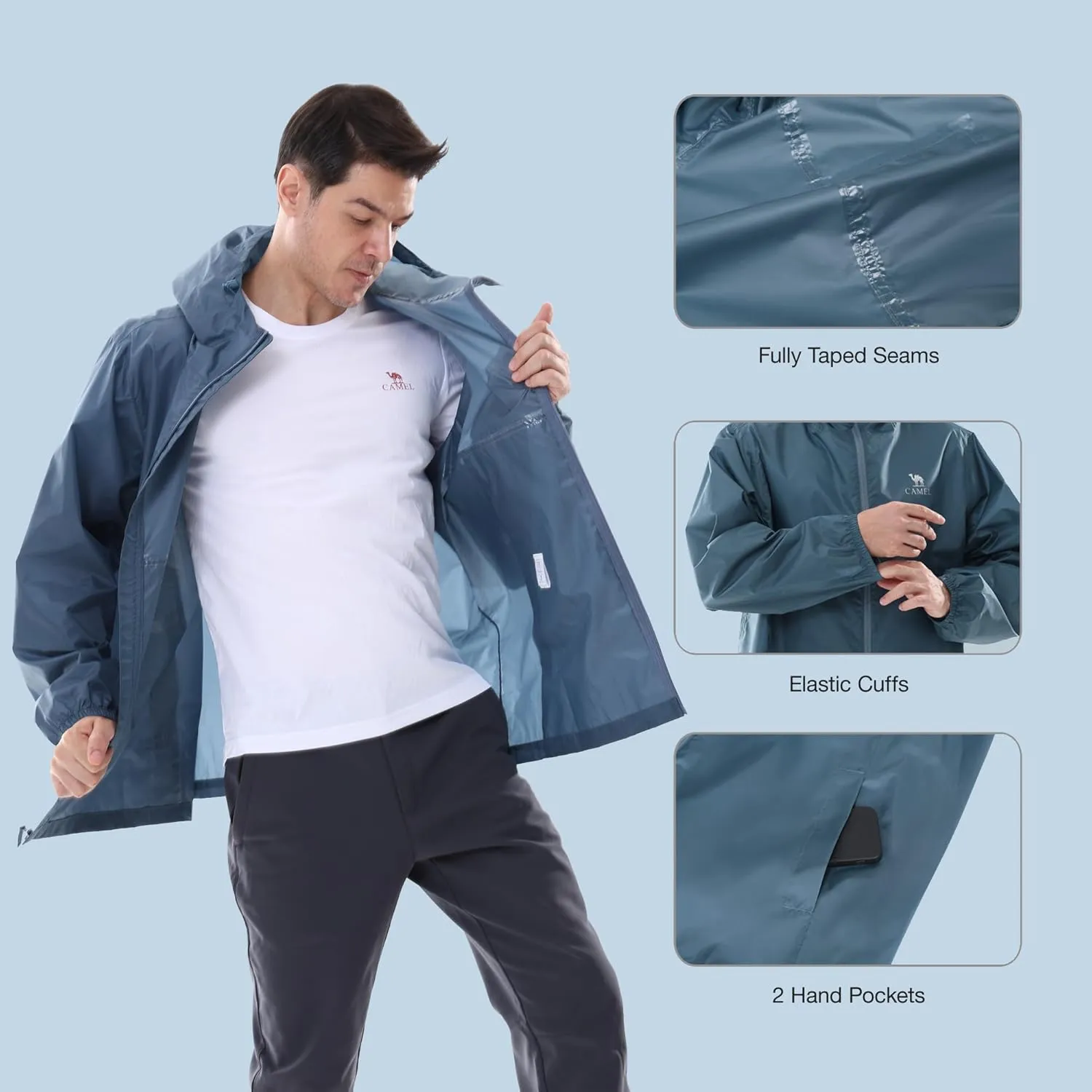 CAMEL CROWN Men's Rain Jacket Waterproof Lightweight Windproof Raincoat with Hood for Cycling Hiking Running Golf