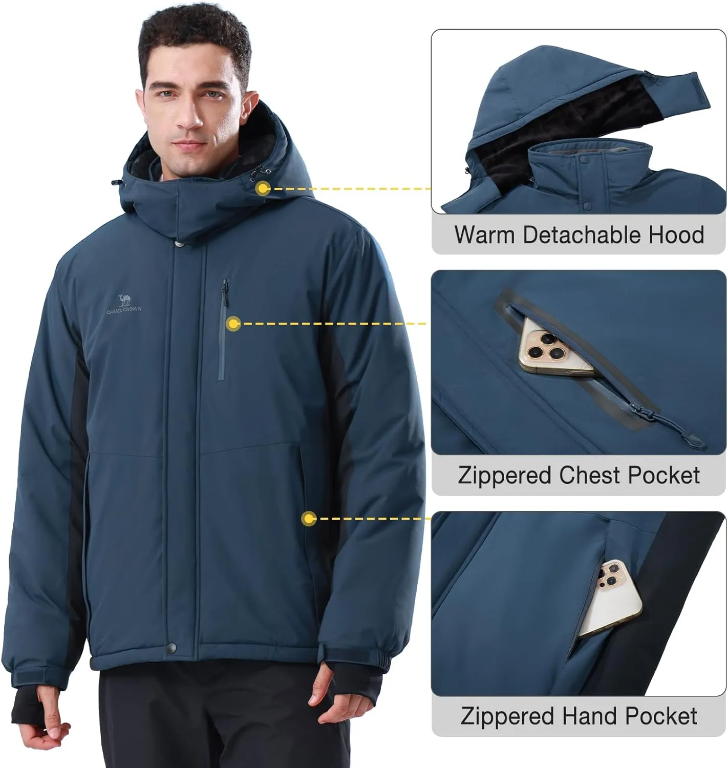 CAMEL CROWN Men's Ski Snow Jacket Waterproof Winter Snow Coat Windproof Warm Fleece Lining Hooded Parka Rain Jacket
