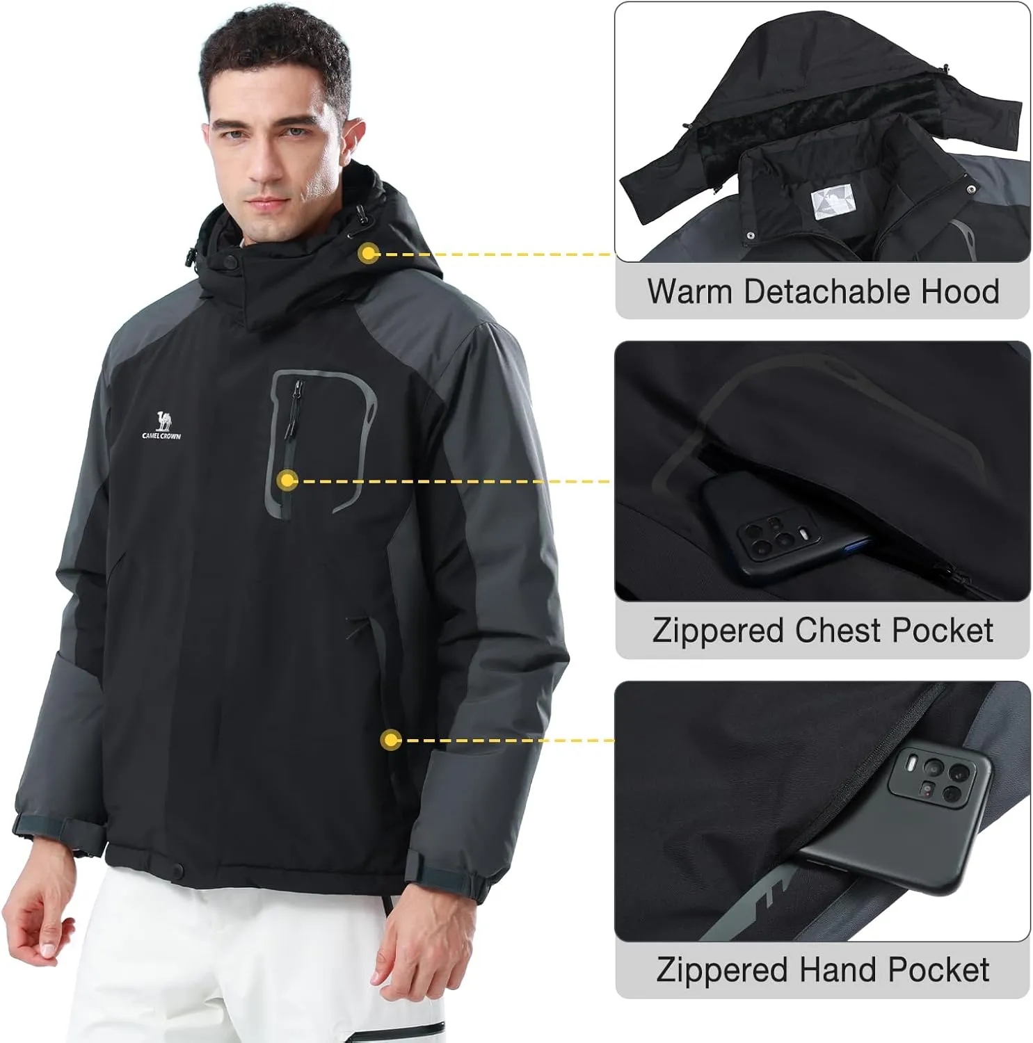 CAMEL CROWN Men's Ski Snow Jacket Waterproof Winter Snow Coat Windproof Warm Fleece Lining Hooded Parka Rain Jacket