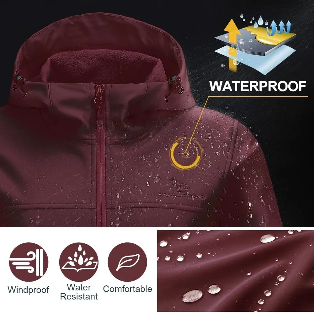 CAMEL CROWN Womens Fleece Lined Softshell Jacket Hooded Waterproof Windproof Lightweight Insulated Winbreaker Hiking Camping