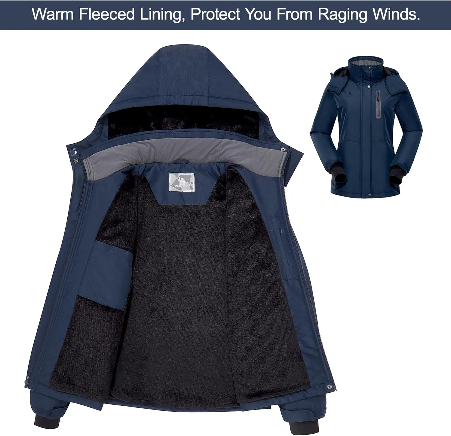CAMEL CROWN Women's Ski Jacket Waterproof Warm Winter Snow Coat Hooded Mountain Outdoor Windbreaker Windproof Jacket