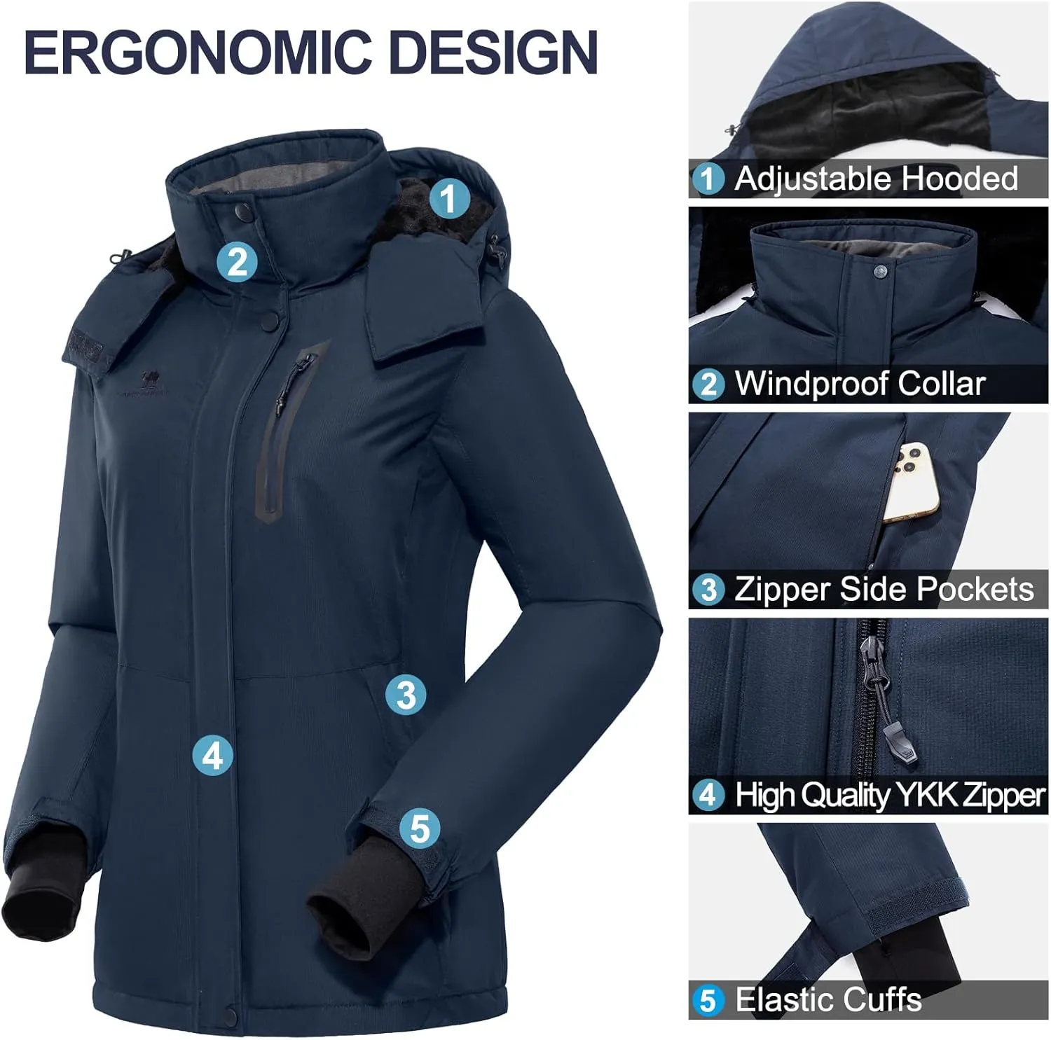 CAMEL CROWN Women's Ski Jacket Waterproof Warm Winter Snow Coat Hooded Mountain Outdoor Windbreaker Windproof Jacket