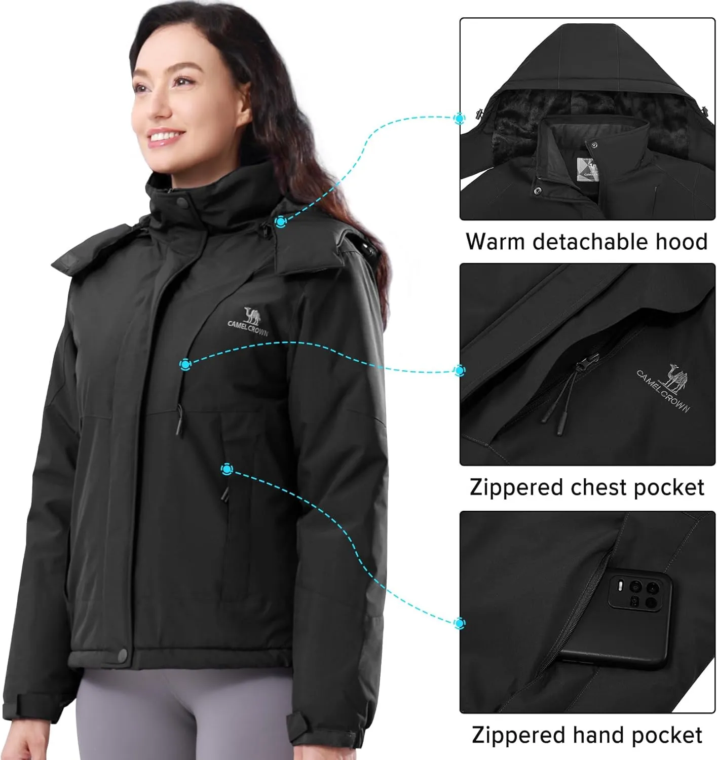 CAMEL CROWN Womens Winter Coat Waterproof Ski Jacket with Fleece Lining Windproof for Snow Rain Outdoor Hiking Mountain