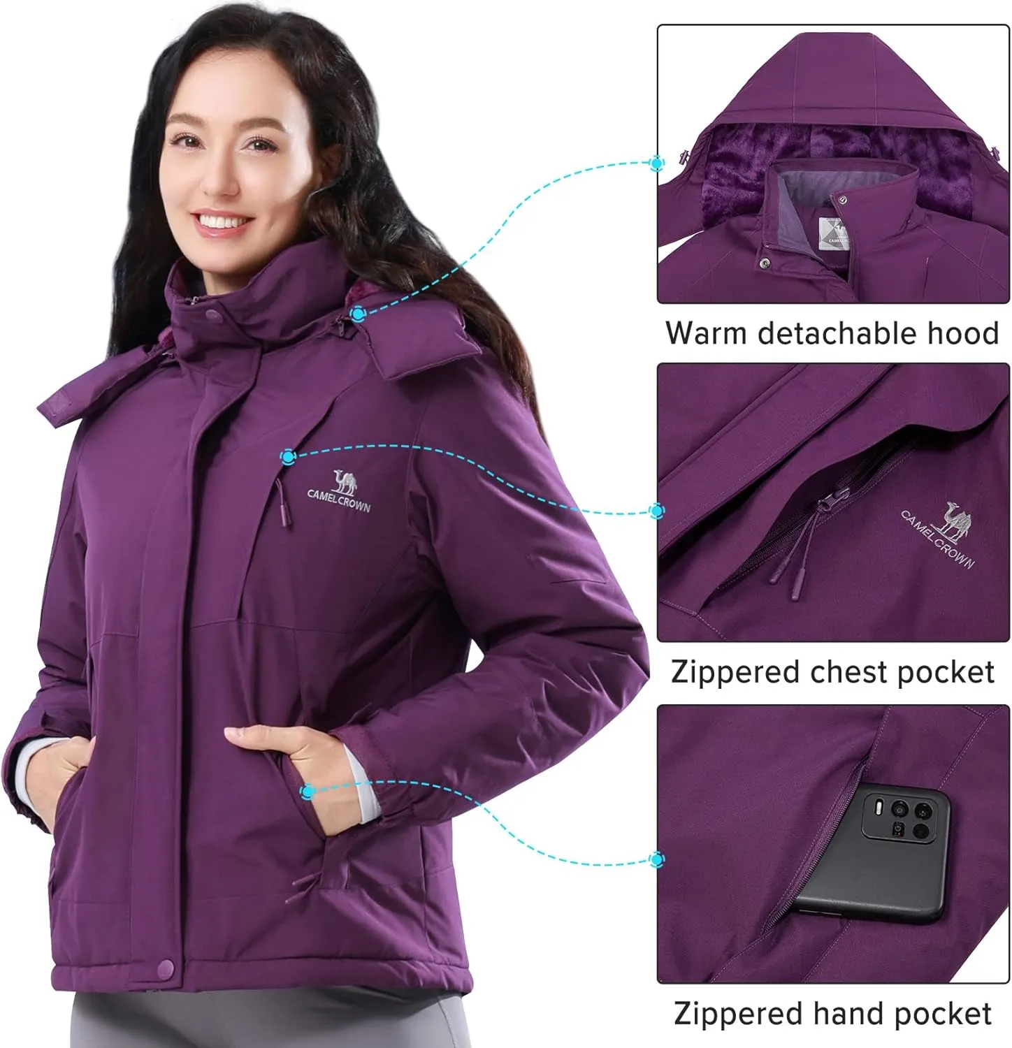 CAMEL CROWN Womens Winter Coat Waterproof Ski Jacket with Fleece Lining Windproof for Snow Rain Outdoor Hiking Mountain