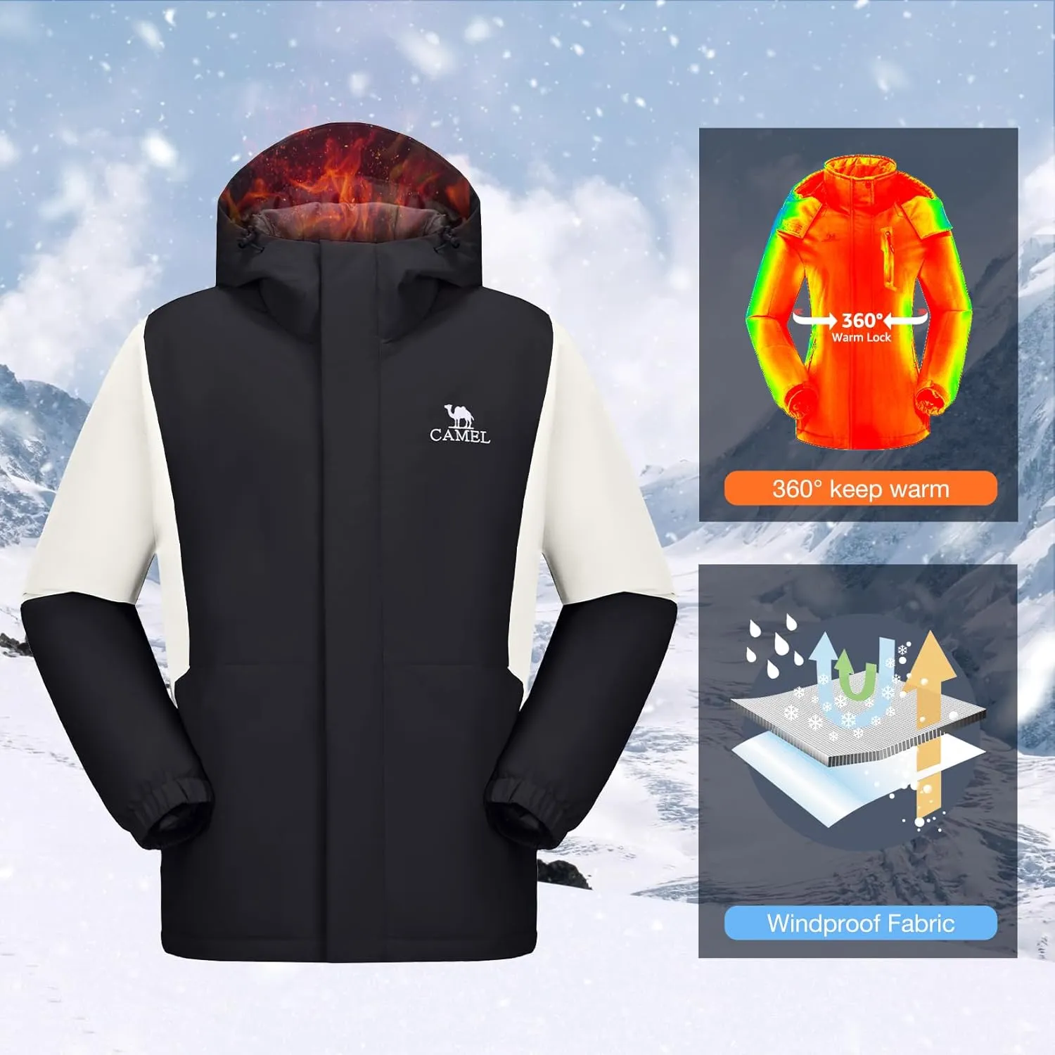 CAMEL Men's Ski Jacket Winter Coat Waterproof Snowboard Jacket Warm Hooded Parka Windproof Rain Outerwear