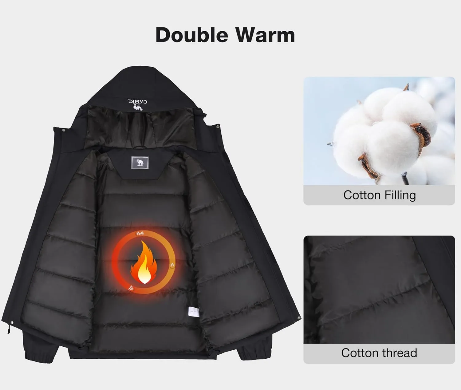 CAMEL Men's Ski Jacket Winter Coat Waterproof Snowboard Jacket Warm Hooded Parka Windproof Rain Outerwear