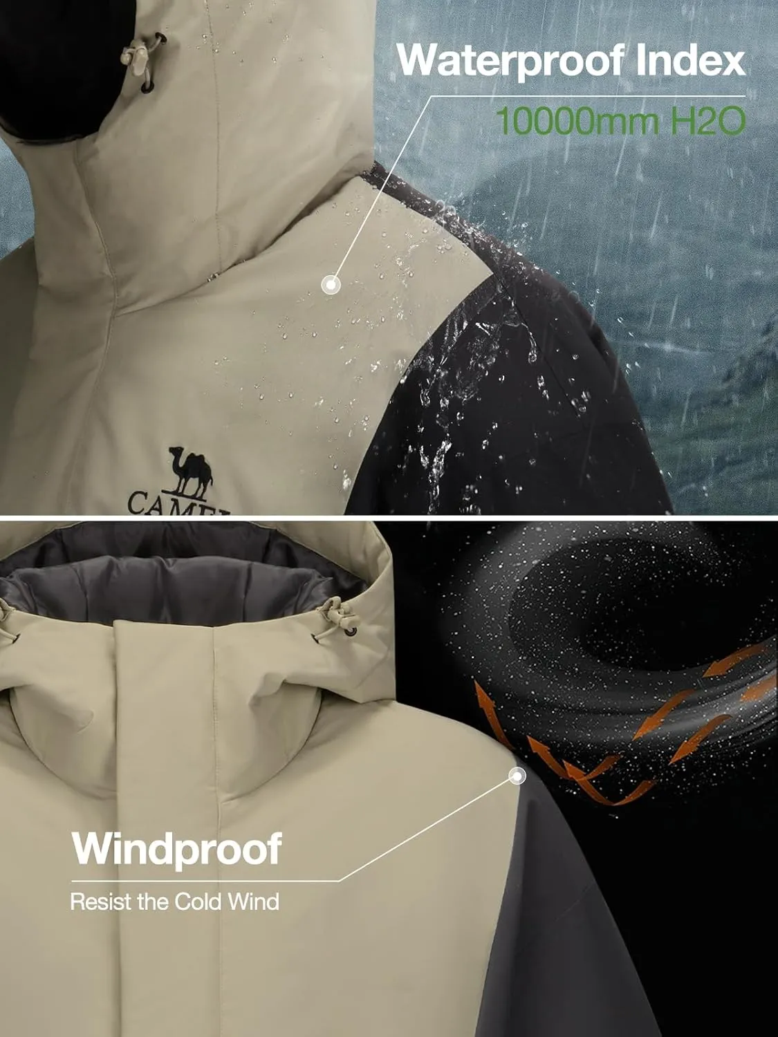 CAMEL Men's Ski Jacket Winter Coat Waterproof Snowboard Jacket Warm Hooded Parka Windproof Rain Outerwear