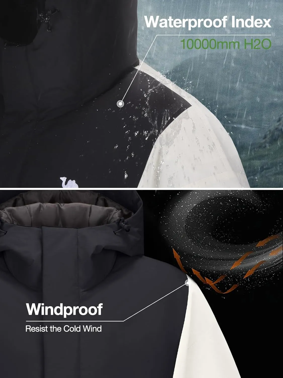 CAMEL Men's Ski Jacket Winter Coat Waterproof Snowboard Jacket Warm Hooded Parka Windproof Rain Outerwear