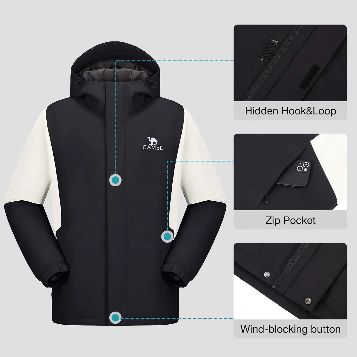 CAMEL Men's Ski Jacket Winter Coat Waterproof Snowboard Jacket Warm Hooded Parka Windproof Rain Outerwear