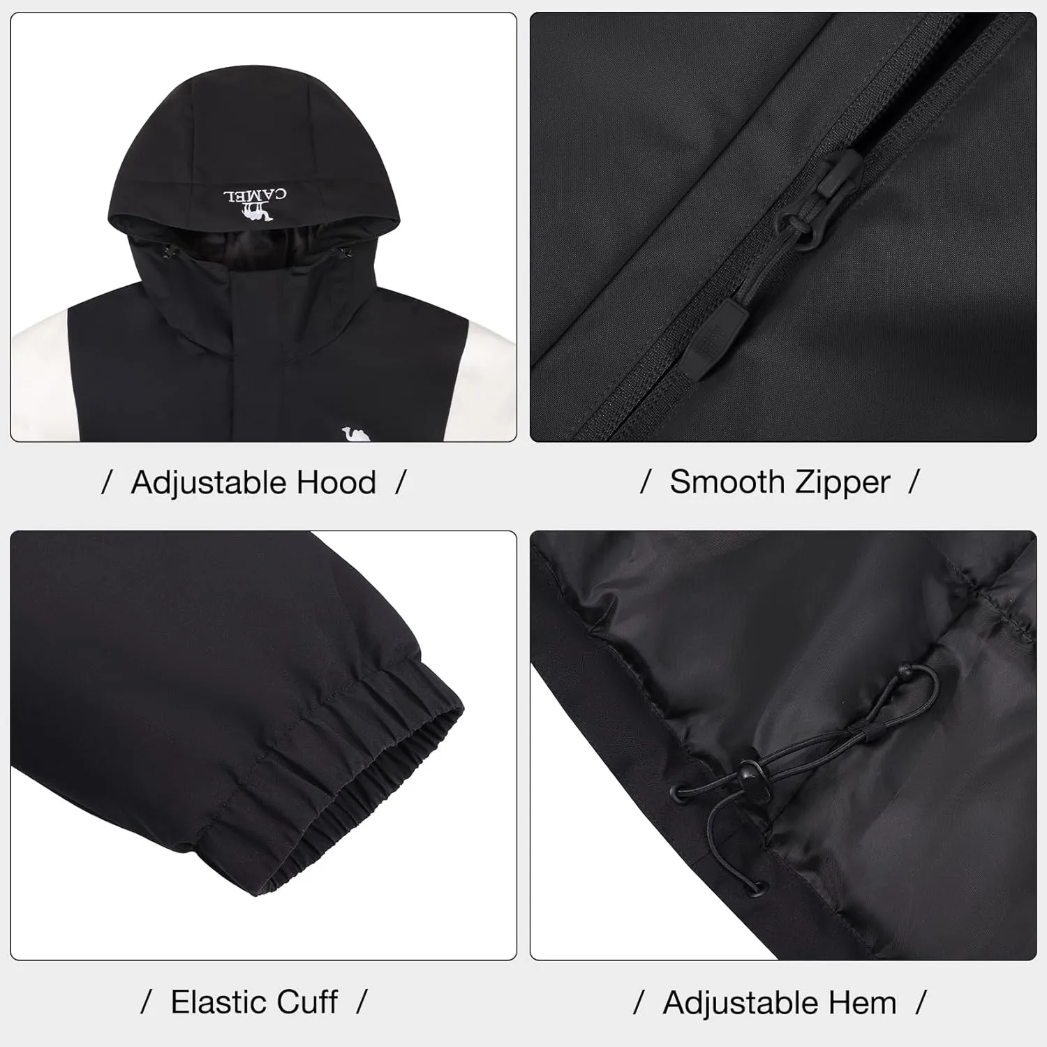 CAMEL Men's Ski Jacket Winter Coat Waterproof Snowboard Jacket Warm Hooded Parka Windproof Rain Outerwear