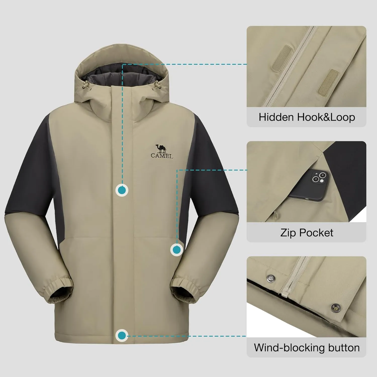 CAMEL Men's Ski Jacket Winter Coat Waterproof Snowboard Jacket Warm Hooded Parka Windproof Rain Outerwear