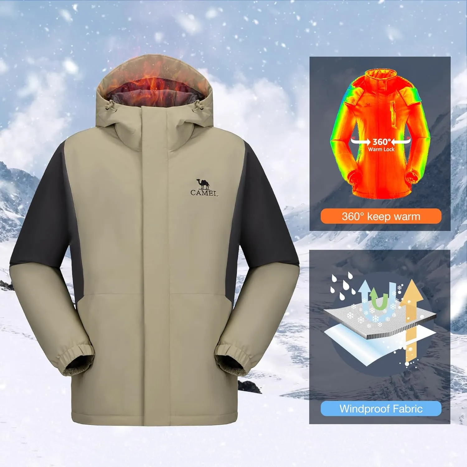CAMEL Men's Ski Jacket Winter Coat Waterproof Snowboard Jacket Warm Hooded Parka Windproof Rain Outerwear