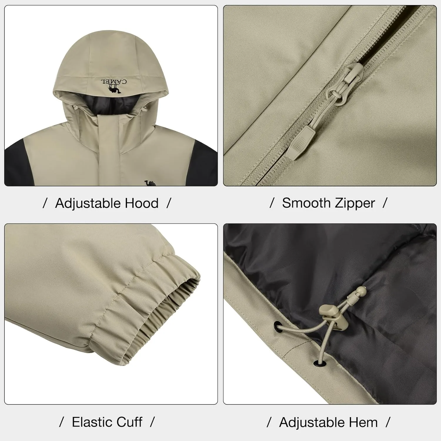 CAMEL Men's Ski Jacket Winter Coat Waterproof Snowboard Jacket Warm Hooded Parka Windproof Rain Outerwear